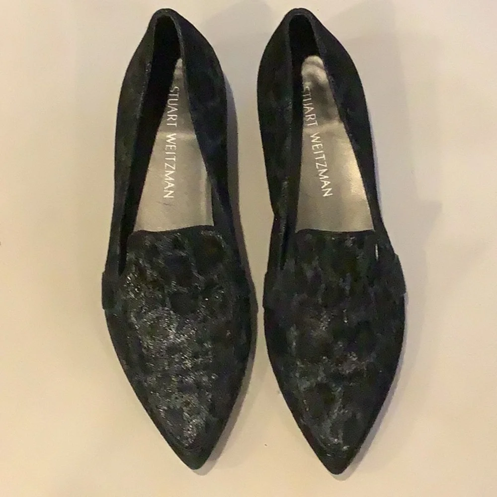 Stuart Weitzman Italian Leather Metallic Black Leopard Print Pointed Toe Flats 8